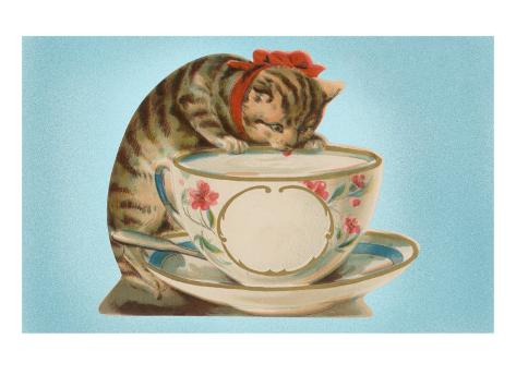 Kitten Drinking Out of Tea Cup Giclee Print Kitten Drinking Out of Tea Cup Giclee Print