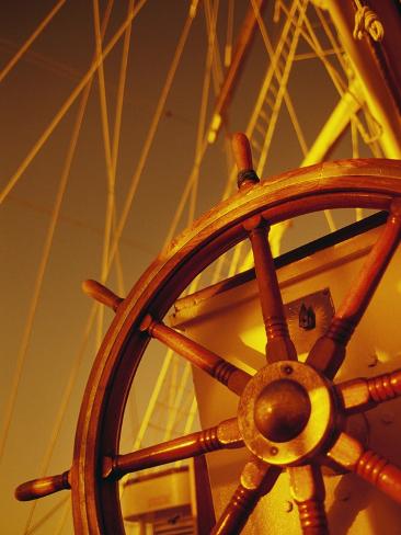 Wooden Steering Wheel on Sailboat Photographic Print