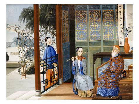 An Elderly Gentleman Listening to a Flautist in an Interior, Chinese School, Mid 19th Century Giclee Print