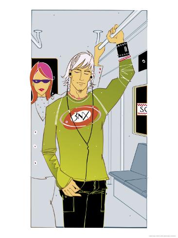 A Caucasian Teen on a Subway Listening to Music with an Adult Caucasian Woman in the Background Premium Poster