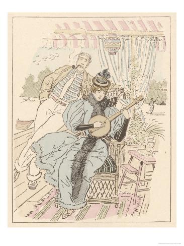 Lady Plays the Banjo on the Deck of a Houseboat on the Thames: a Friend Listens Giclee Print