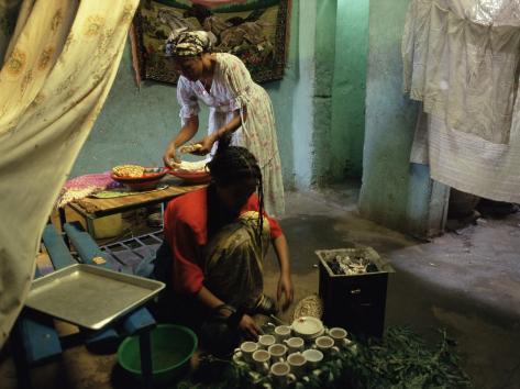 Women Preparing Food and Drink for Coffee Ceremony Abi Adi Village 