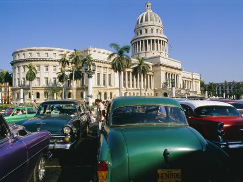 Old 1950s American Cars Outside El Capitolio Building Havana 