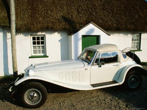 Mg Sports Car Outside Thatched Cottage, Tipperary, Munster, Ireland Photographic Print