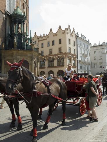 Horse and Carriages in Main Market Square, Old Town District, Unesco World Heritage Site, Poland Photographic Print