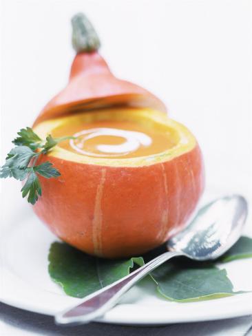 Pumpkin Soup with Creme Fraiche in Hollowed-Out Pumpkin