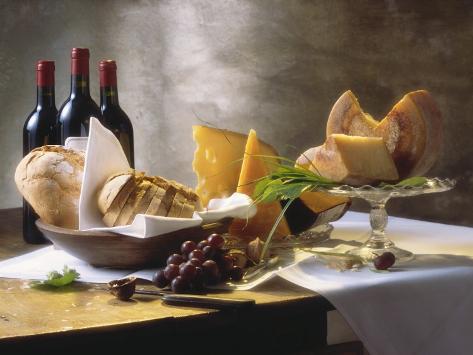Assorted Types of Cheese with Bread, Red Wine Photographic Print