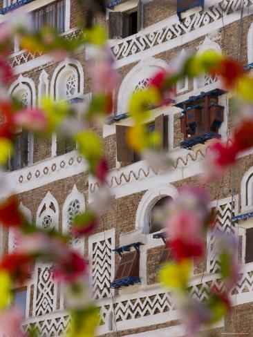Frontage of Buildings and Floral Decorations, Sana'a, Yemen Photographic Print