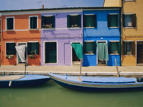 A View of the Brightly Colored Buildings of Burano with Gondolas Floating at Their Doorsteps Photographic Print