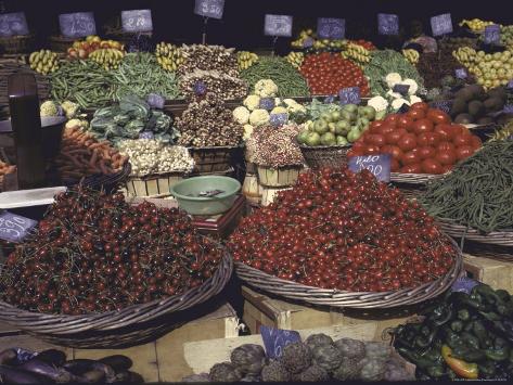 Bountiful Baskets Full of Brightly Colored Fruits and Vegetables at Rue Mouffetard Market Photographic Print