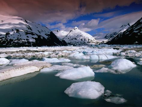 Icebergs and Mountains at Portage Lake, Portage Glacier Recreation Area, Anchorage, U.S.A. Photographic Print