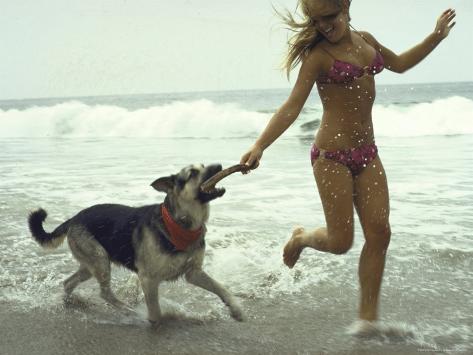 BikiniClad Teen Playing with Dog in Surf at Beach Premium Photographic 