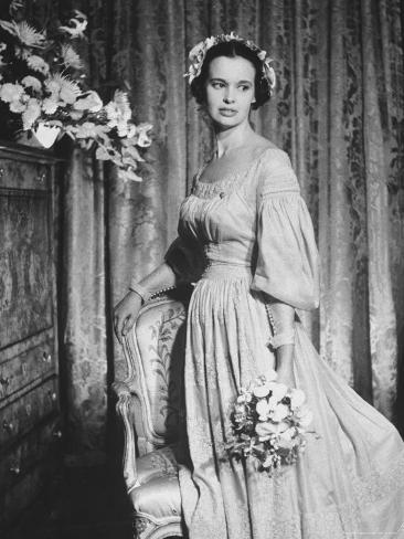 Gloria Vanderbilt Posing in 1830 Beige Wedding Gown of French Linen After