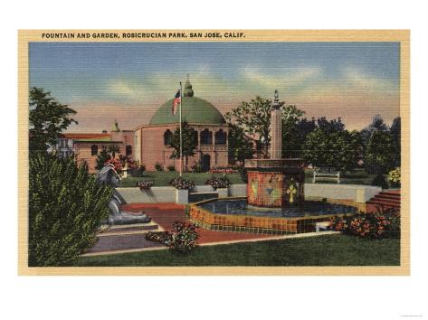  , California - Rosicrucian Park, Fountain and Garden View Art Print