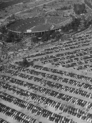 Aerial View of Rose Bowl Showing Thousands of Cars Parked around It Premium