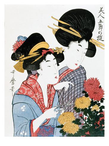 Chrysanthemums, Ukiyoe print, Japan Gicléedruk van Kitagawa Utamaro 