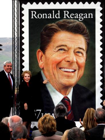 Former First Lady and Giant Replica of US Postage Stamp Honoring Late Husband, Ronald Reagan Photographic Print