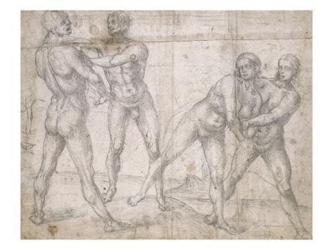 Two Naked Men Fighting and Two Naked Women Wrestling Giclee Print