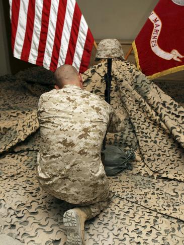 A Marine Kneels Before the Rifle, Boots and Identification Tags During a Memorial Service Photographic Print