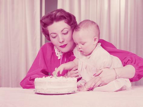 Year Baby Pictures on Mother And One Year Old Baby Girl With Birthday Cake Photographic