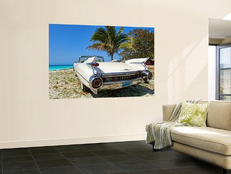 Classic 1959 White Cadillac Auto on Beautiful Beach of Veradara Cuba Wall 