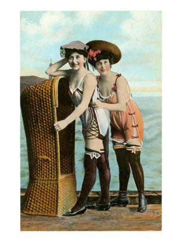 Old Fashioned Women at Beach with Basket Chair Art Print