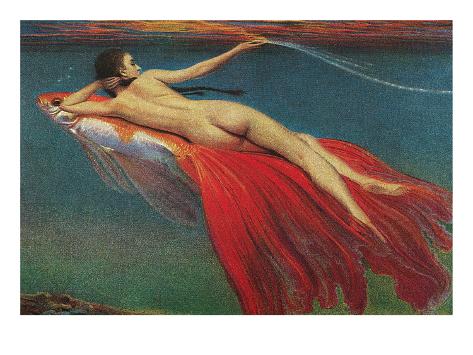 Naked Woman Riding Large Gold Fish Giclee Print Don't see what you like