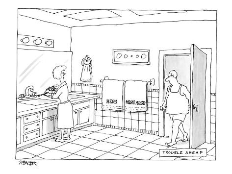 A man walks into a bathroom where his wife is putting toothpaste on a toot… - New Yorker Cartoon Premium Giclee Print