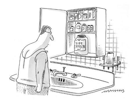 Man staring at open medicine cabinet containing large bottle that's labell… - New Yorker Cartoon Premium Giclee Print