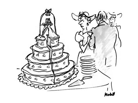 Woman at wedding looking at wedding cake that has a huge split down the mi