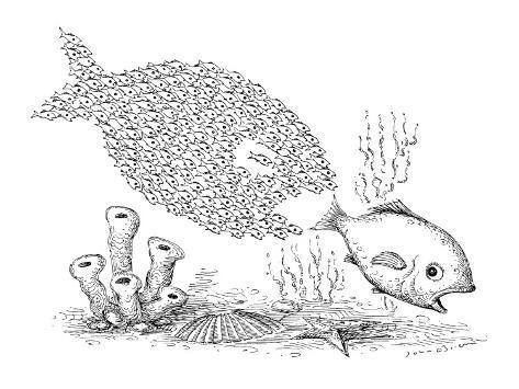 Big fish is being chased by a school of little fish, who have grouped them… - New Yorker Cartoon Premium Giclee Print