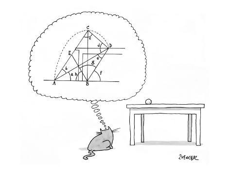 Cat thinks of a complex equation to get a ball off of a table. - New Yorker Cartoon Premium Giclee Print