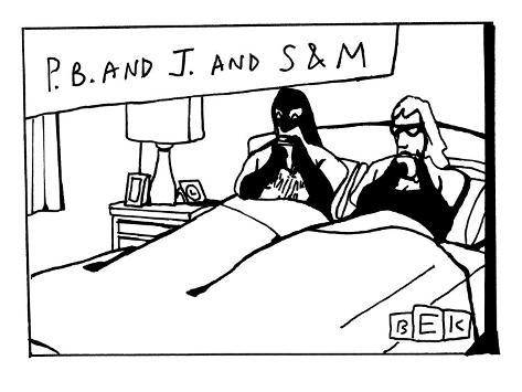 ... masks and gloves eating PB&J Sandwiches in bed. - New Yorker Cartoon