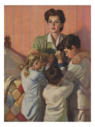 Illustration of Mother Praying with Three Children Giclee Print