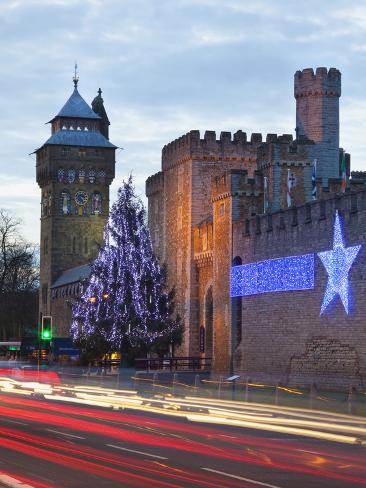 cardiff castle with christmas lights and traffic light cardiff castle with christmas lights and traffic light
