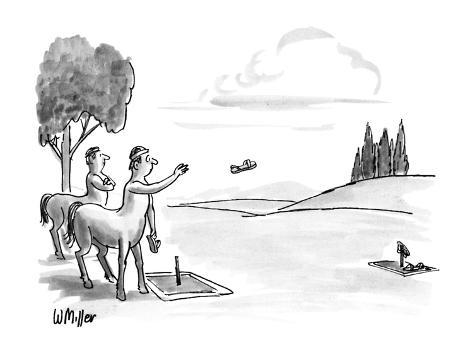 Two centaurs playing a game of horse-shoes but using people s