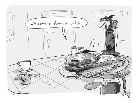 A greasy plate of pancakes, bacon, and eggs speaks to a cup of coffee, ban… - New Yorker Cartoon Premium Giclee Print