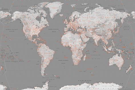 World Map - Grey with Orange Poster