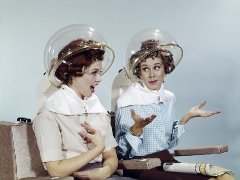 1960s 2 Women Sit under Beauty Salon Hair Dryers Clear Helmets Hoods ...