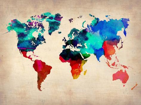 World Map in Watercolor Konsttryck