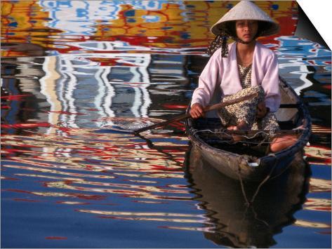 Woman in Boat, Reflection of Newly Painted Boat on Perfume River, Hue, Thua Thien-Hue, Vietnam SwitchArt™ Print