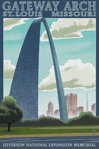 St. Louis, Missouri - Gateway Arch Lithography Style Print by Lantern Press at 0