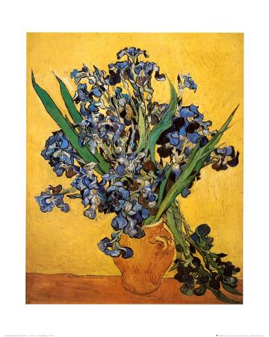 Vase of Irises Against a Yellow Background, c.1890 Art Print