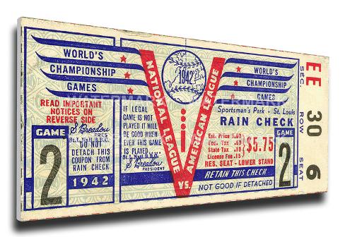 1942 World Series Mega Ticket - St Louis Cardinals Stretched Canvas Print at 0