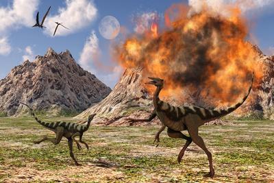 A female Saurolophus attempts to crush a Tarchia armored dinosaur