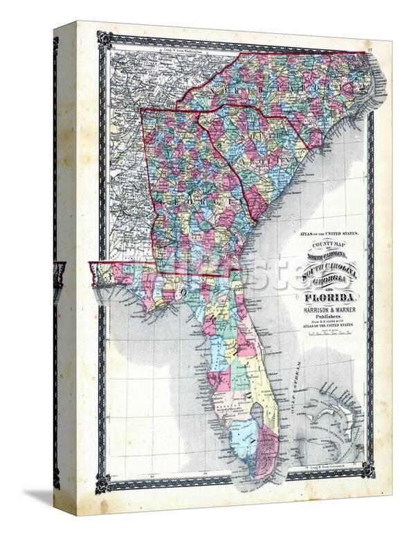 1876 County Map Of North Carolina South Carolina Georgia And