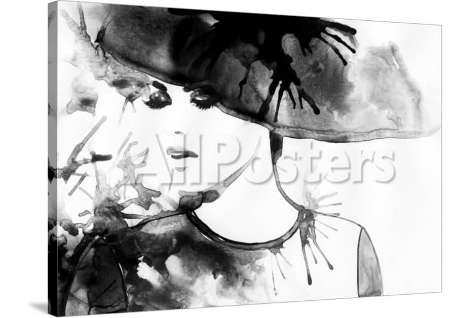 Beautiful Face Woman Portrait With Hat Abstract Watercolor Fashion Background