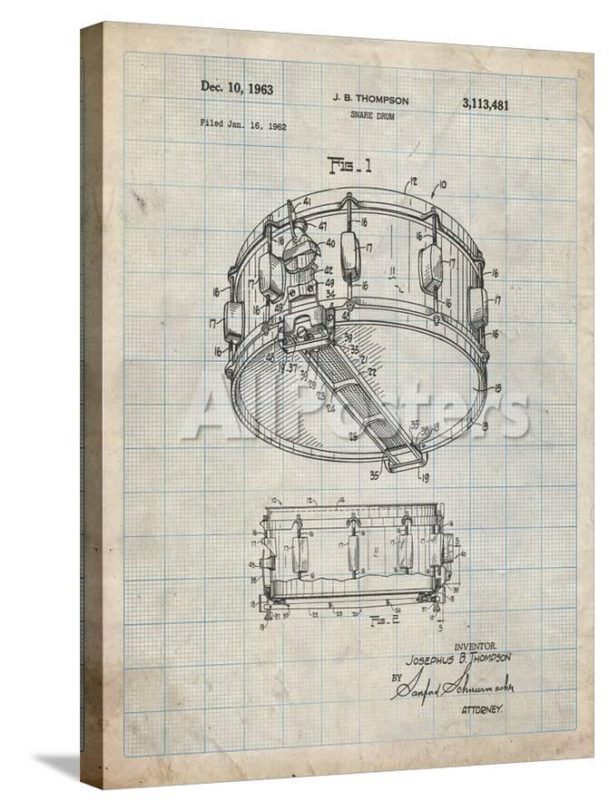 PP1018-Antique Grid Parchment Rogers Snare Drum Patent Poster ...