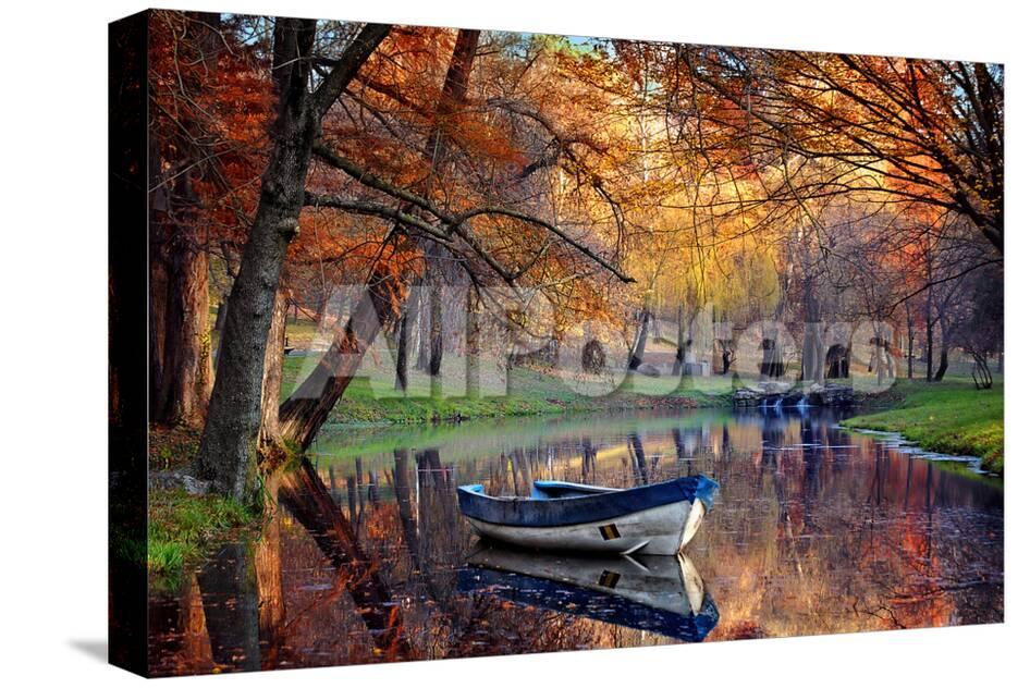 Colorful Autumn Landscape Nature Background Boat On The Lake In The Autumnal Forest
