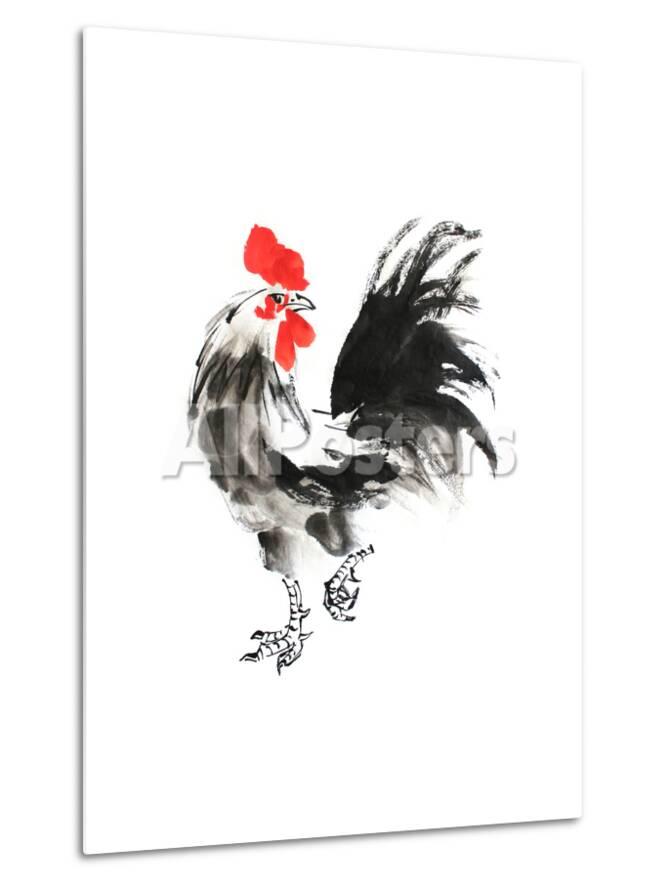 Chinese Ink Painting Illustration Rooster On White Background For